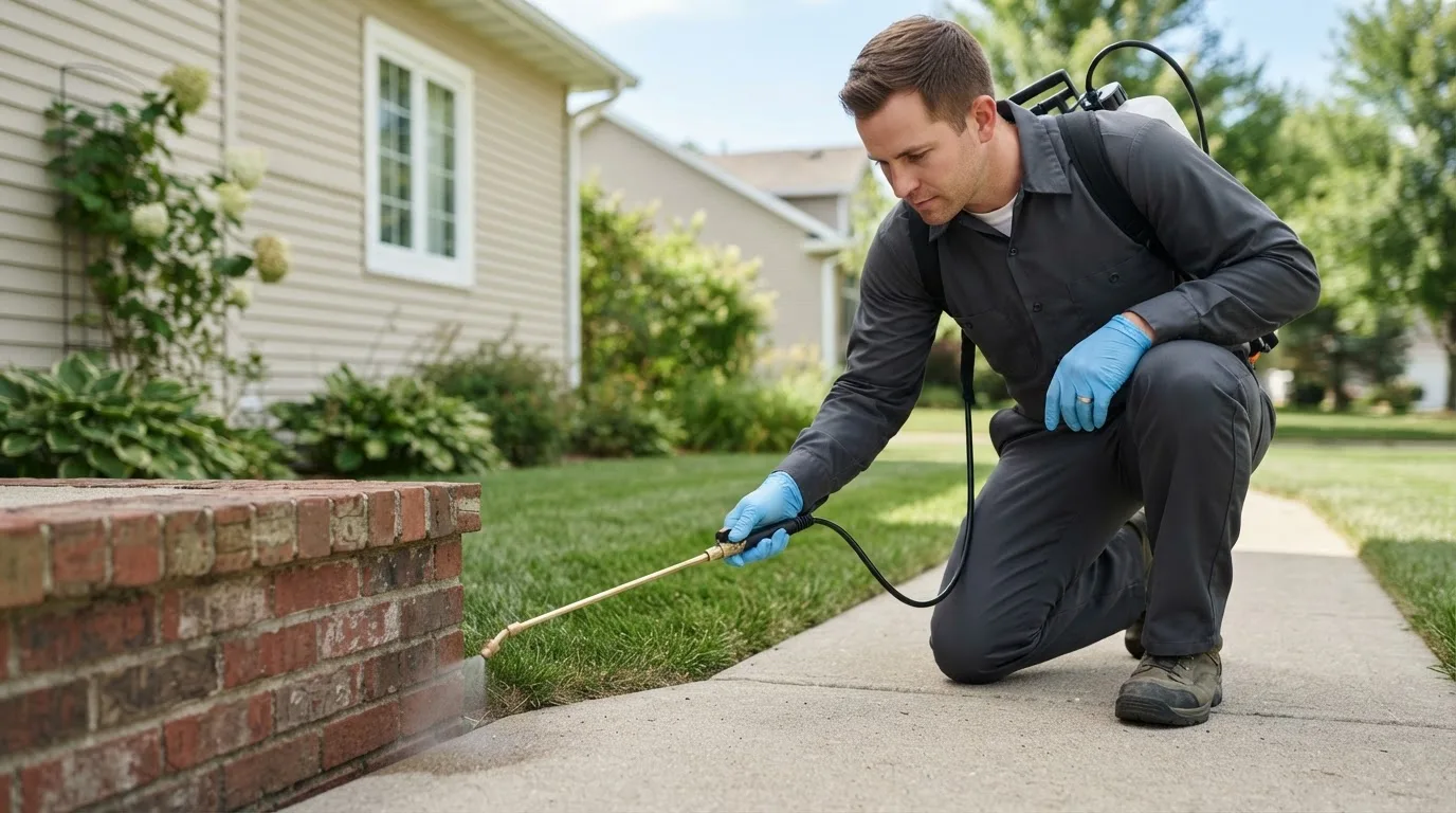 Pest control technician treating a home near Lawndale, NC